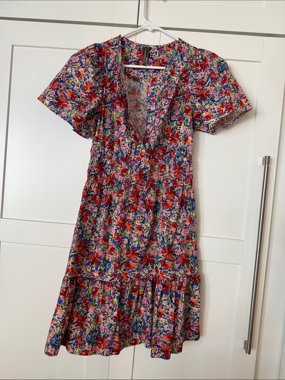 Anthropologie Red Multi Floral V-Neck Short Sleeve Dress
